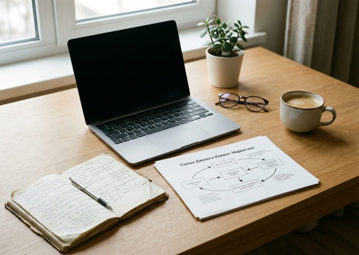 Рабочее пространство с блокнотом и схемой диалога для анализа коммуникации